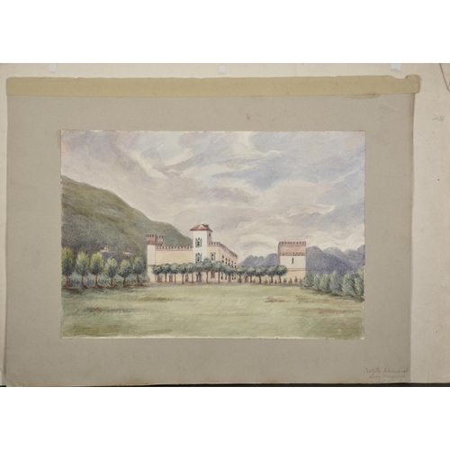 69 - 19th Century English School. Figures by a Church with a Bay in the distance, Watercolour, Unframed, ... 