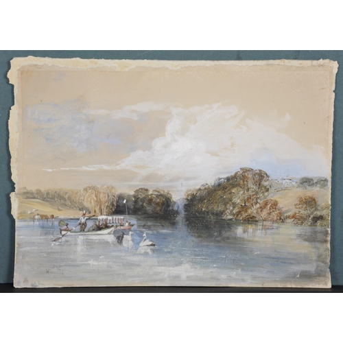 86 - 19th Century English School. A Lake Scene, with Figures in a Boat, and Swans in the foreground, Mixe... 