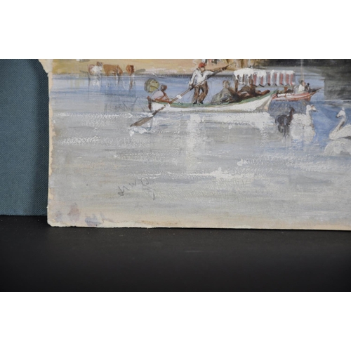 86 - 19th Century English School. A Lake Scene, with Figures in a Boat, and Swans in the foreground, Mixe... 