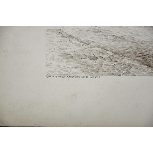 88 - W Cowley Stevenson (Early 20th Century) British. “Threeway Bridge, Crowland, Lincs, A.D. 760”, Ink, ... 