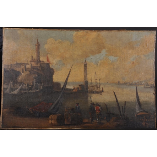 9 - Early 18th Century Dutch School. A Harbour Scene with Figures, Oil on Canvas, Unframed, 19” x 29” (4... 