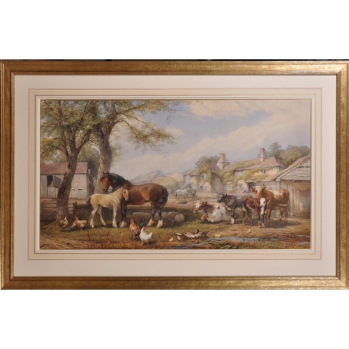 94 - Henry Brittan Willis (1810-1884) British. A Farmyard Scene with Horses, Cattle and Chickens by a Bar... 