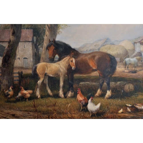 94 - Henry Brittan Willis (1810-1884) British. A Farmyard Scene with Horses, Cattle and Chickens by a Bar... 