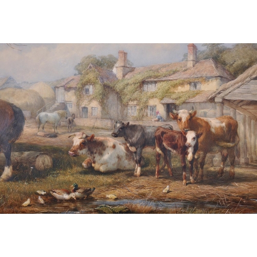 94 - Henry Brittan Willis (1810-1884) British. A Farmyard Scene with Horses, Cattle and Chickens by a Bar... 