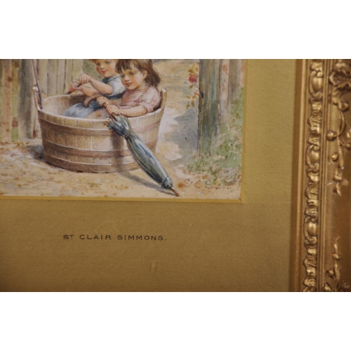 102 - William St Clair Simmons (act.1878-1917) British. ‘The Toy Boat’, Two Young Children in a Water Tub,... 