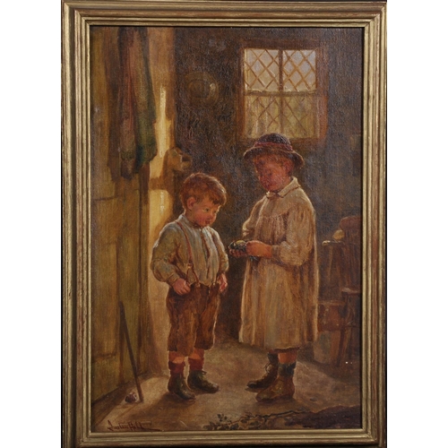 115 - Justus Hill (1848-1925) British. A Cottage Interior with Two Young Boys examining a Bird, Oil on Can... 