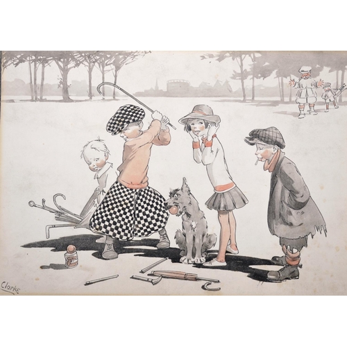 110 - Richard E Clarke (1878-1954) British. “Sports in their Seasons – May – Golf”, Watercolour and Ink, S... 