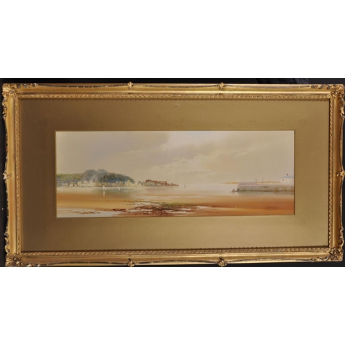 155 - John Shapland (1865-1929) British. A Beach Scene at Low Tide, Watercolour, Signed,  7.5” x 21.5” (19... 