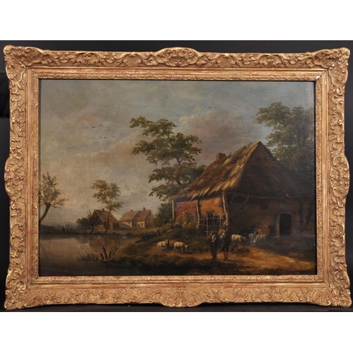 18 - 18th Century Dutch School. A River Landscape, with Figures and Sheep by Farm Buildings, Oil on Panel... 