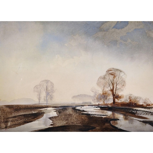 189 - Rowland Hilder (1905-1993) British. “Winter Flood”, Watercolour, Signed, and Inscribed on a label on... 