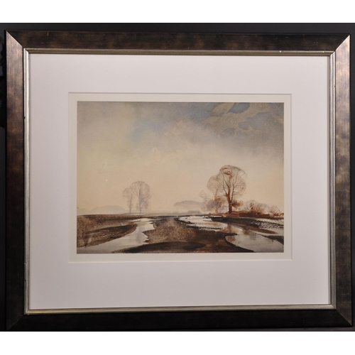 189 - Rowland Hilder (1905-1993) British. “Winter Flood”, Watercolour, Signed, and Inscribed on a label on... 