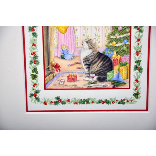 199 - Anne Mortimer (1958-    ) British. A Cat looking at a Stocking by a Christmas Tree, Watercolour, Sig... 