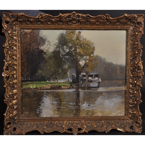 214 - 20th Century English School. A Moored Barge on the Thames, Oil on Canvas, 10” x 12” (25.4 x 30.5cm)