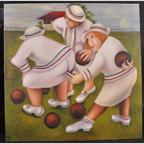 220 - After Beryl Cook (1926-2008) British. “Sabotage”, Ladies Playing Bowls, Oil on Canvas, Unframed,  27... 