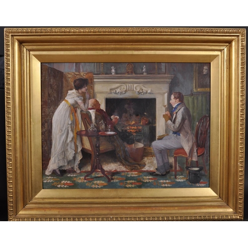 226 - Fred Ward (19th – 20th Century) British. Figures by the Fireside, Oil on Canvas, Signed, 18” x 24” (... 