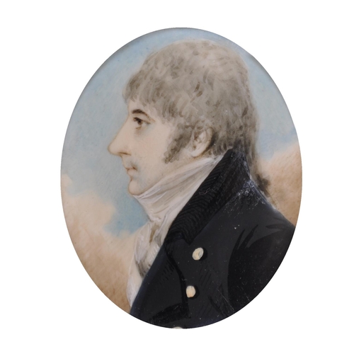 23 - Early 19th Century English School. Portrait of a Gentleman in Profile, Miniature, with plaited hair ... 