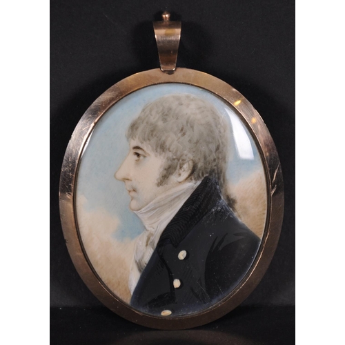 23 - Early 19th Century English School. Portrait of a Gentleman in Profile, Miniature, with plaited hair ... 