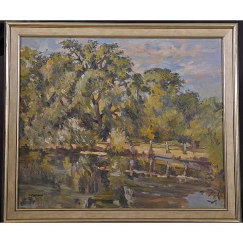 231 - Montague Leder (c.1900-1972) British. A River Landscape with Figures, Oil on Canvas, Signed,  19” x ... 