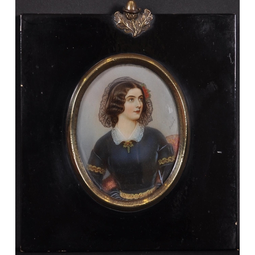 24 - Dupre (19th – 20th Century) French. Portrait of Lola Montez, Miniature, Signed, Oval, 3.25” x 2.5” (... 