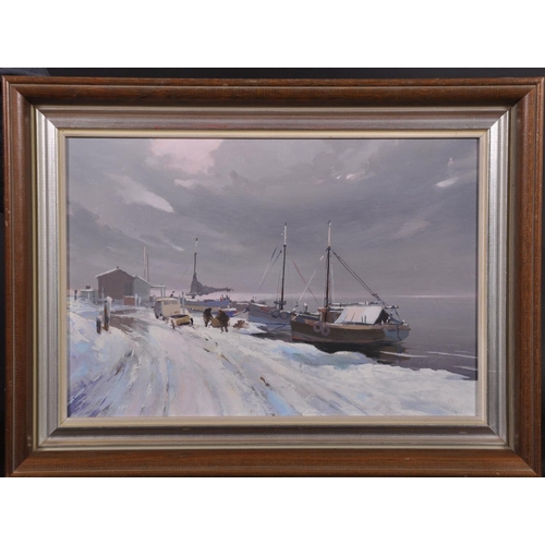 244 - Gordon Hereward Hales (1916-1997) British. “Snow in the Estuary”, Oil on Board, Signed and Dated 198... 