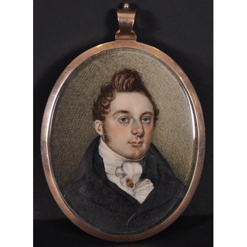 25 - 19th Century English School. Portrait of a Gentleman, with a Jewelled Cravat, Miniature, with plaite... 