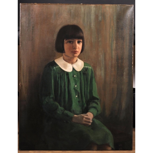 252 - Harry Dixon (1861-1942) British.  Portrait of a Young Girl Seated, in a Green Dress with a White Col... 