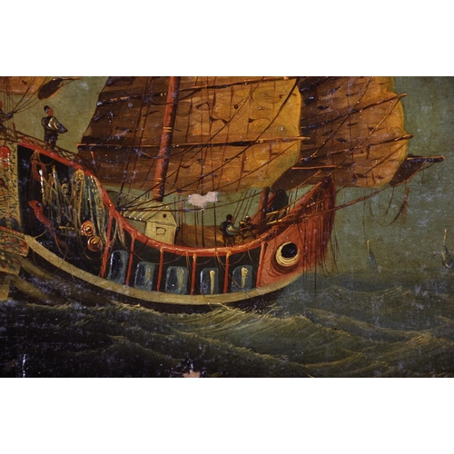 270 - Early 19th Century Chinese School. A Study of a Chinese Junk in Choppy Waters, Oil on unstretched Ca... 