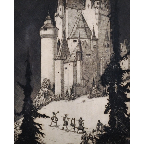 296 - 19th Century European School. Figures Carrying Game by a Castle, Etching, 9.75” x 7.75” (24.7 x 19.5... 