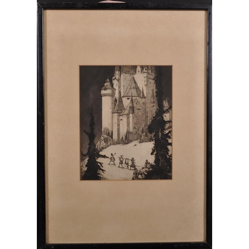 296 - 19th Century European School. Figures Carrying Game by a Castle, Etching, 9.75” x 7.75” (24.7 x 19.5... 