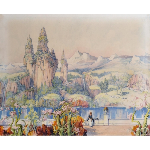 297 - Early 20th Century European School. A Fantasy Landscape with a Lady seated in the foreground, Waterc... 