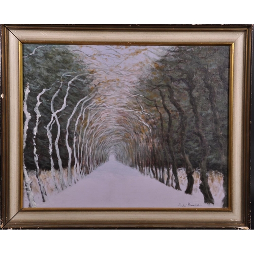 304 - After Andre Marie Pierre Brasilier (1924-2004) French. A Snow Covered Tree Lined Avenue, Oil on Canv... 