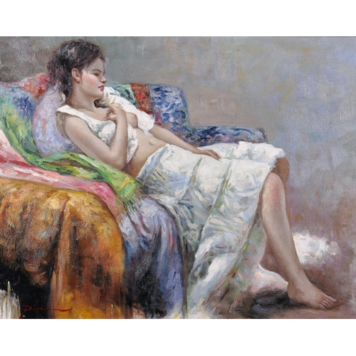 305 - Pina (20th Century) European. A Girl Reclining on a Sofa, Oil on Canvas laid down, Signed, 17” x 21.... 