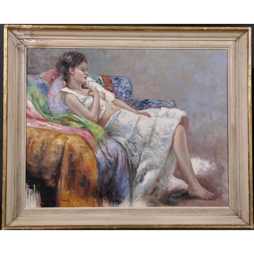 305 - Pina (20th Century) European. A Girl Reclining on a Sofa, Oil on Canvas laid down, Signed, 17” x 21.... 