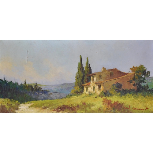 306 - Paul Dranmont (Early 20th Century) French. A Mountain Chalet, Oil on Canvas, Signed, 19.5” x 39.5” (... 