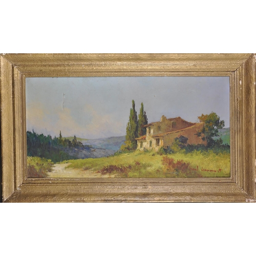 306 - Paul Dranmont (Early 20th Century) French. A Mountain Chalet, Oil on Canvas, Signed, 19.5” x 39.5” (... 