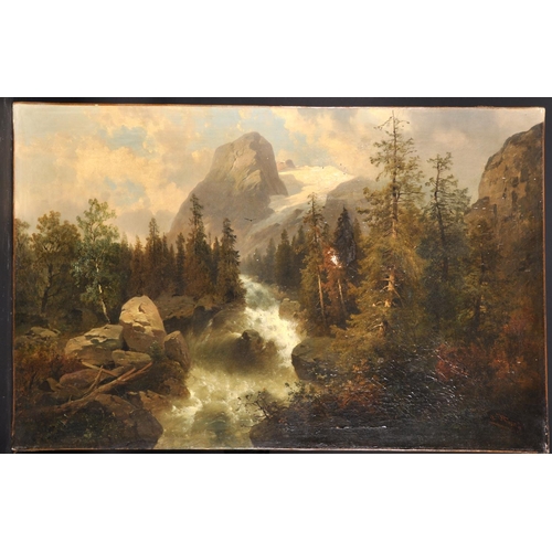 309 - Josef Thoma (1828-1899) Austrian. A Mountainous River Landscape, with a Mountain Torrent, Oil on Can... 