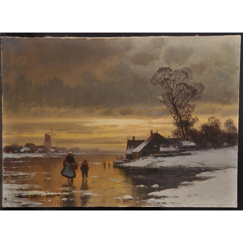 310 - Carl Bertold (1870-?) Swiss. A Winter Scene, with Figures on the Ice, Oil on Canvas, Signed, Unframe... 