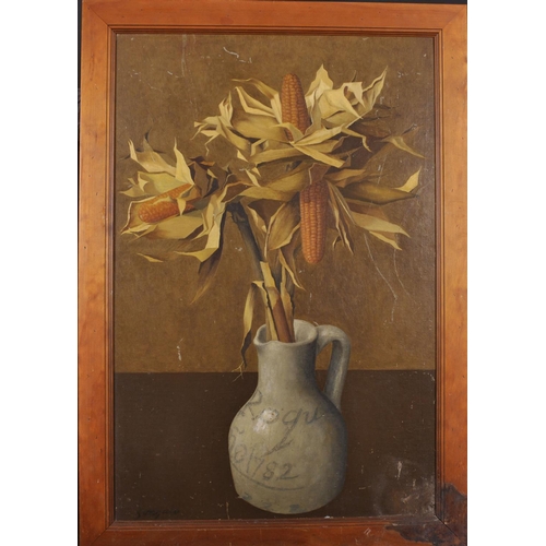 311 - Gonzalo (20th Century) Spanish. Still Life of Corn Stalks in a White China Jug, Oil on Board, Signed... 