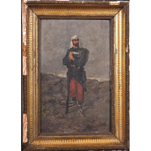 313 - Francisco Legua (?-1926) Spanish. Study of a Soldier Standing holding his Gun, Oil on Panel, Signed,... 