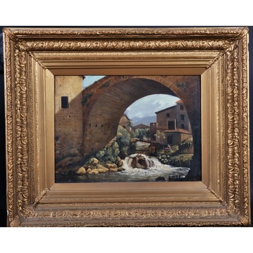 318 - B…M… (19th Century) Italian. A River Landscape with Water rushing under a Bridge, Oil on Board, Sign... 