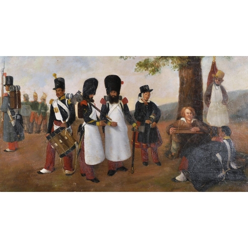 324 - 19th Century French School. Soldiers with a Performing Dog, Oil on Panel, 12.25” x 22.25” (31 x 22.2... 