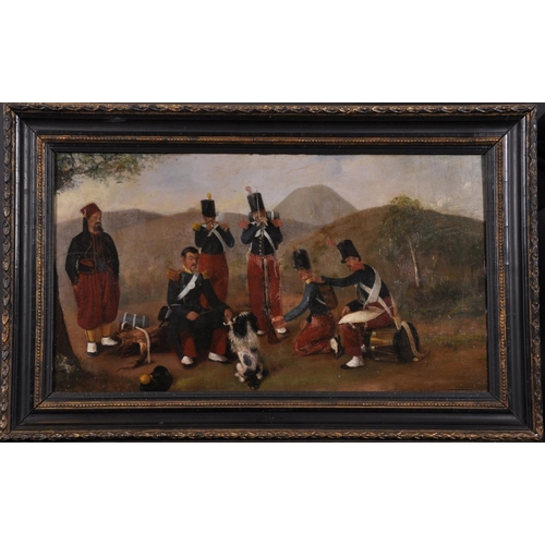 324 - 19th Century French School. Soldiers with a Performing Dog, Oil on Panel, 12.25” x 22.25” (31 x 22.2... 