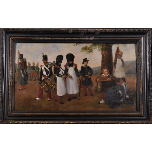 324 - 19th Century French School. Soldiers with a Performing Dog, Oil on Panel, 12.25” x 22.25” (31 x 22.2... 