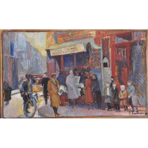 326 - Patrice Landauer (1965-    ) French. A Street Scene with Figures, Oil on Panel, Signed, 24” x 39.5” ... 