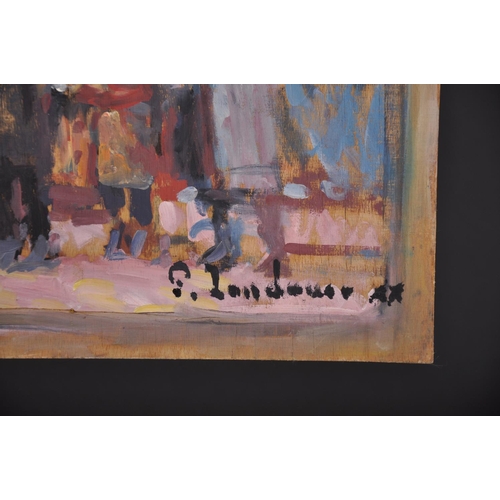 326 - Patrice Landauer (1965-    ) French. A Street Scene with Figures, Oil on Panel, Signed, 24” x 39.5” ... 