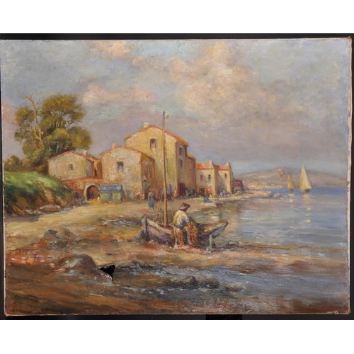 327 - 20th Century French School. Fisherman unloading his Boat at a Harbour, Oil on Canvas, Unframed, 28.5... 