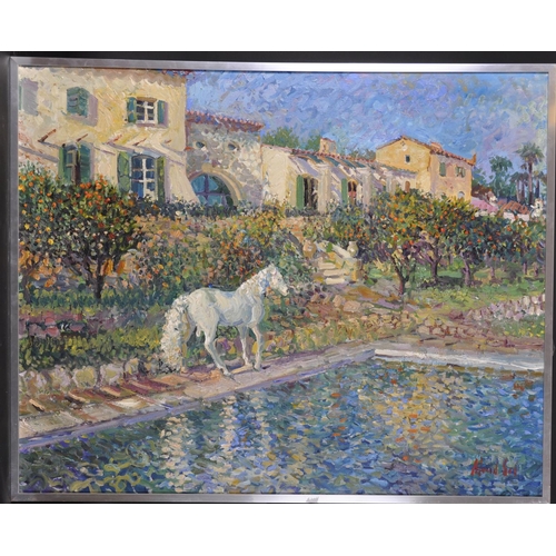 333 - 20th Century French School. A Horse near a Swimming Pool, Oil on Canvas, Indistinctly Signed, 32” x ... 