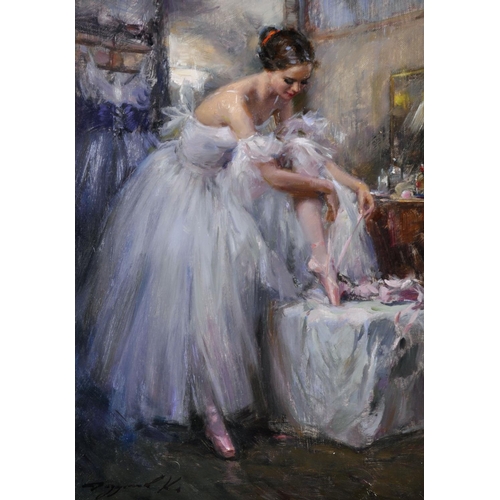 345 - Konstantin Razumov (1974-    ) Russian. “Ballerina in the Dressing Room”, tying her Ballet Shoes, Oi... 