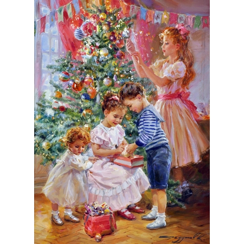 347 - Konstantin Razumov (1974-    ) Russian. “Decoration of the Christmas Tree”, with Young Children, Oil... 