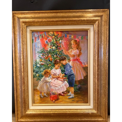 347 - Konstantin Razumov (1974-    ) Russian. “Decoration of the Christmas Tree”, with Young Children, Oil... 